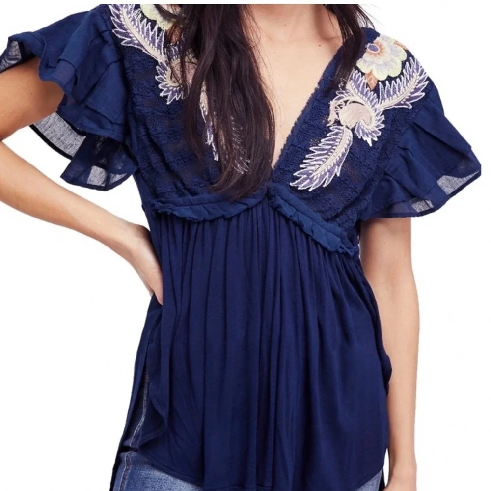 Free People Fiesta Nueva Tunic Top Navy Blue Embroidered Floral Womens Sz Small